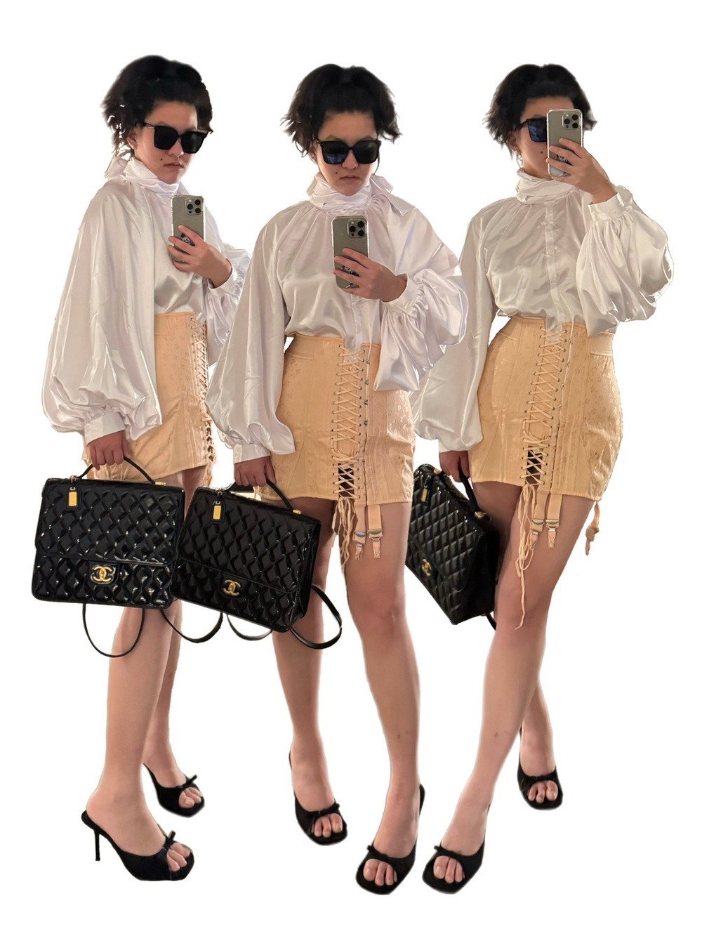 BNWOT Oversized White/ Cream Silky Satin Bow Tie Scarf Balloon Sleeve Blouse